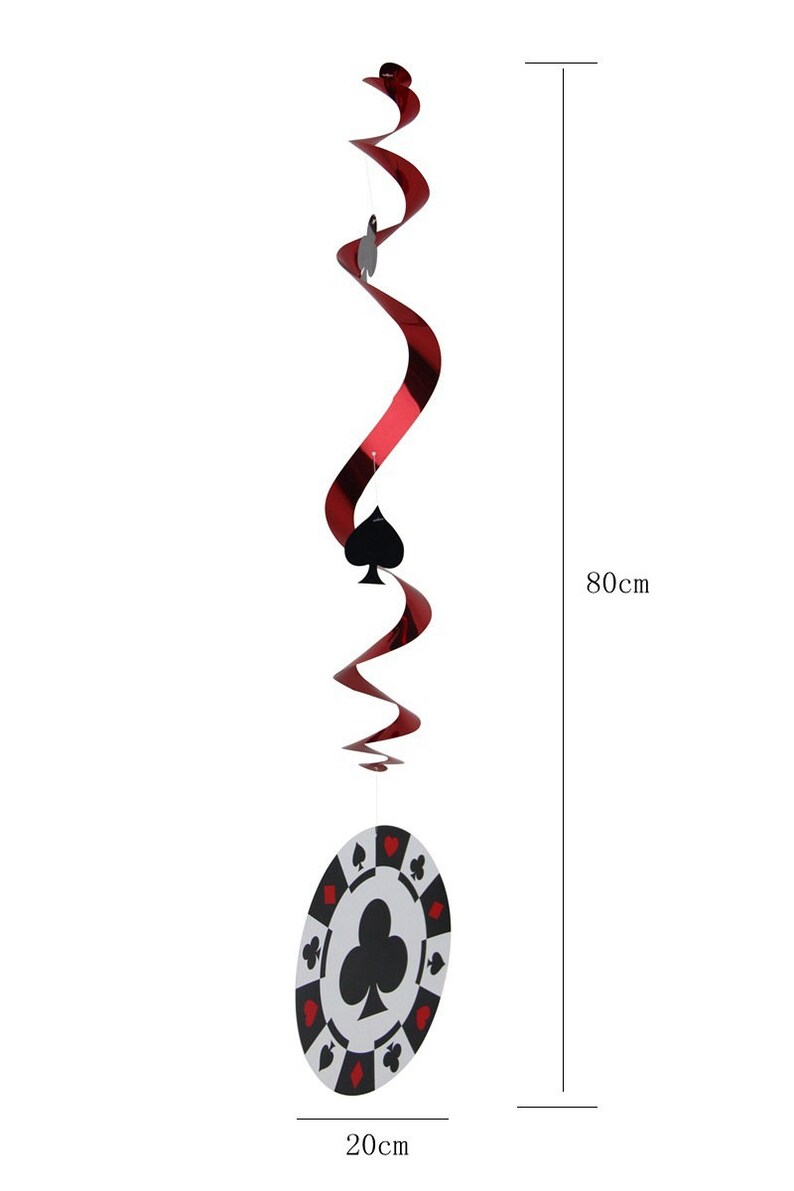 May include: A casino-themed hanging decoration with a red and black spiral design, a black spade symbol, and a poker chip. The poker chip is 20 cm in diameter and the total length is 80 cm.