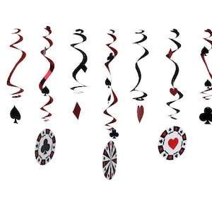 May include: Casino-themed hanging decorations featuring black and red spiral swirls. The decorations include playing card suits and poker chips with spade, club, diamond, and heart symbols. Perfect for a game night or casino party.