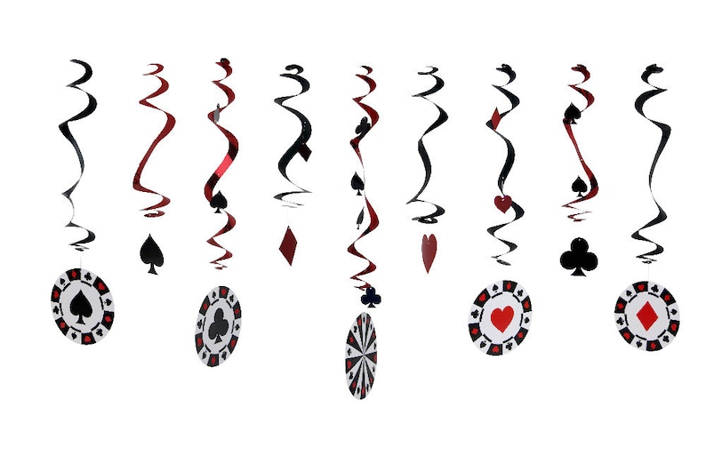 May include: Casino-themed hanging decorations featuring black and red spiral swirls. The decorations include playing card suits and poker chips with spade, club, diamond, and heart symbols. Perfect for a game night or casino party.
