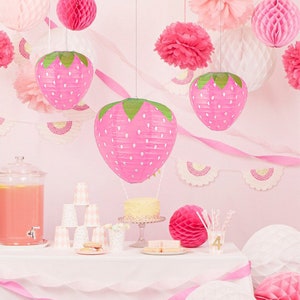 3D Strawberry Paper Lantern, Sweet One Party Decor, 8 Inch