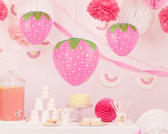 3D Strawberry Paper Lantern, Sweet One Party Decor, 8 Inch