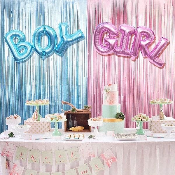 Baby Shower Fringe Curtain - Boy or Girl Baby Shower, Blue and Pink Fringe Curtain, Gender Reveal Decoration, Baby Shower Back Drop - 2 Sets