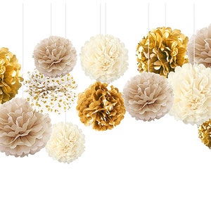Gold Party Decoration, Gold Pom Pom, Neutral  Color Party, Gold White Bridal Shower, Gold Wedding, Gold Baby Shower, Gold Birthday Party