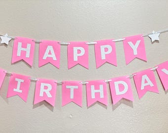 Pink Happy Birthday Felt Banner, Silver Glitter Letters