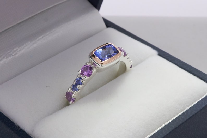 Tanzanite and sapphire sterling silver and 14k rose gold ring Rectangle tanzanite ring Tanzanite stack ring Handmade fine jewelry ring