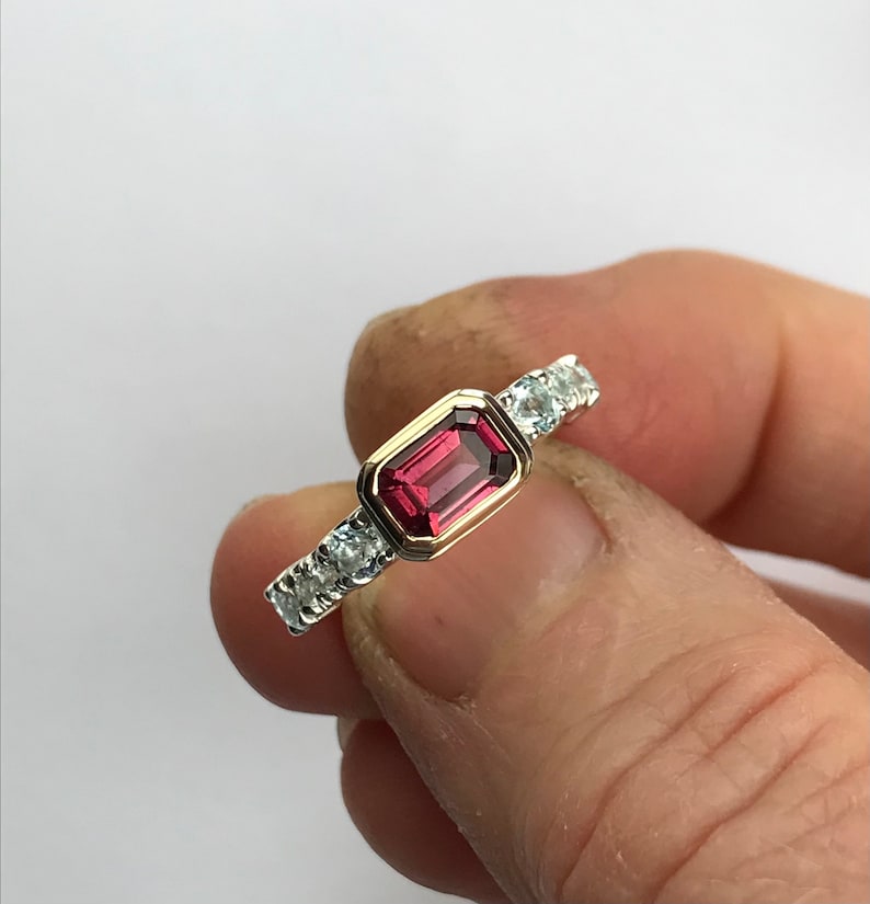 Pink tourmaline /& topaz stackable ring Sterling silver and 14k gold Pink tourmaline stack ring for women October birthstone ring
