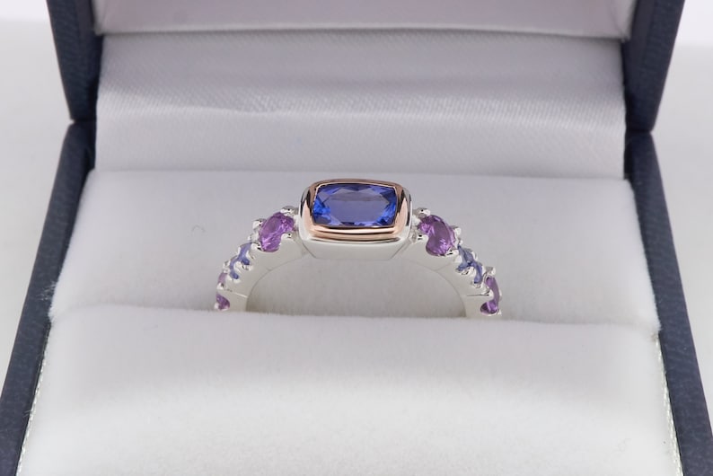 Tanzanite and sapphire sterling silver and 14k rose gold ring Rectangle tanzanite ring Tanzanite stack ring Handmade fine jewelry ring