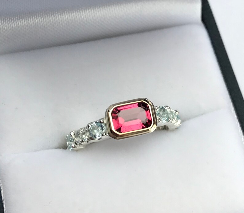 Pink tourmaline /& topaz stackable ring Sterling silver and 14k gold Pink tourmaline stack ring for women October birthstone ring