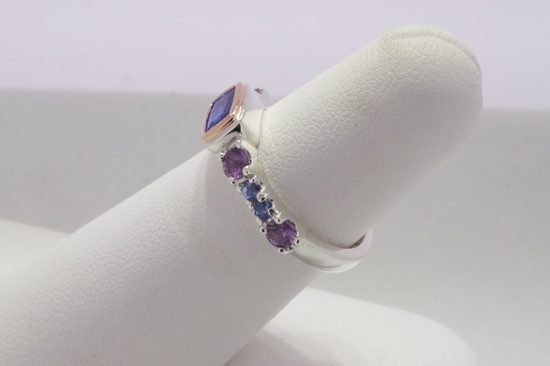 Tanzanite and sapphire sterling silver and 14k rose gold ring Rectangle tanzanite ring Tanzanite stack ring Handmade fine jewelry ring