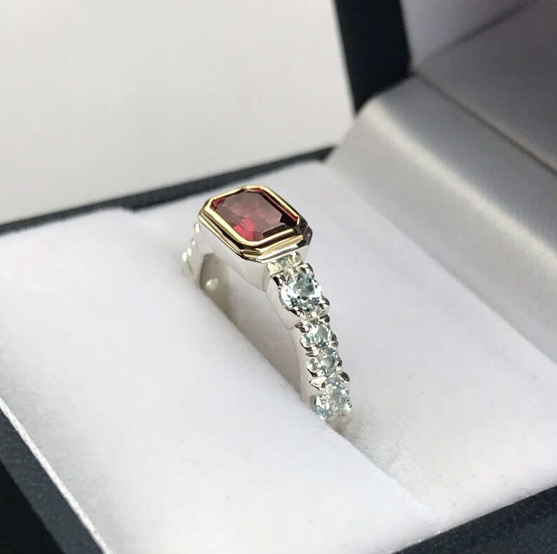 Pink tourmaline /& topaz stackable ring Sterling silver and 14k gold Pink tourmaline stack ring for women October birthstone ring