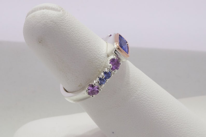 Tanzanite and sapphire sterling silver and 14k rose gold ring Rectangle tanzanite ring Tanzanite stack ring Handmade fine jewelry ring