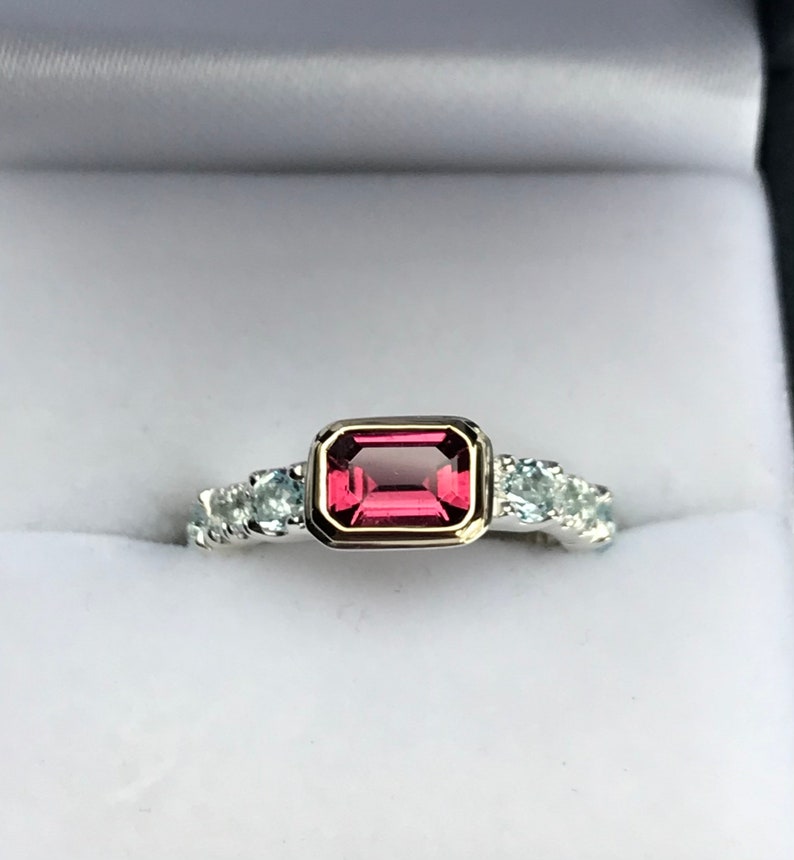 Pink tourmaline /& topaz stackable ring Sterling silver and 14k gold Pink tourmaline stack ring for women October birthstone ring