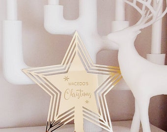 Christmas Tree custom Personalised Star - Christmas decorations - tree topper - Gold silver wood