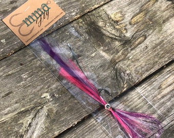 Mosca de agua salada púrpura/rosa- lubina y pescado azul, pesca de rips, jigs de pesca, señuelos de pesca, pesca con mosca, lubina rayada, pescado azul, pesca