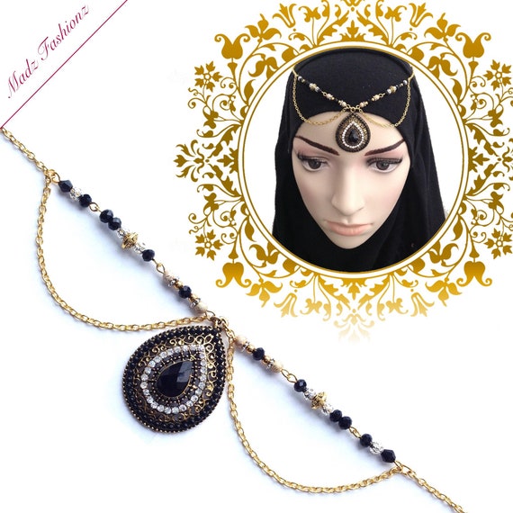 Black head piece , gold chain hair jewelry , crystal headwear , head tiara  , bridal hair accessories , prom hair jewels , matha patti