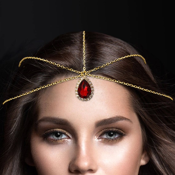 Red head piece , gold chain hair jewelry , crystal headwear , head tiara ,  bridal hair accessories , prom hair jewels , red matha patti