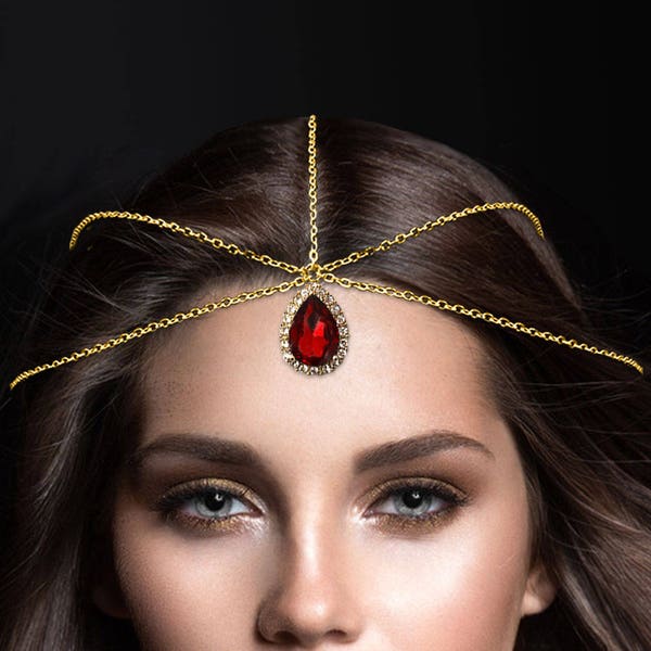 Ruby Red head piece , gold chain hair jewelry , crystal headwear , head tiara , bridal hair accessories , prom hair jewels , red matha patti