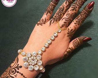 Pearl hand chain , eid hand jewelry , ek angla , White Pearl Kundan Gold Indian Panja ring , link bracelet , Bridal Jewellery , hand piece