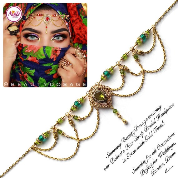 Green hijab pin , Chain Hijab Accessory , Eid scarf pin , Gold hijab  jewelry