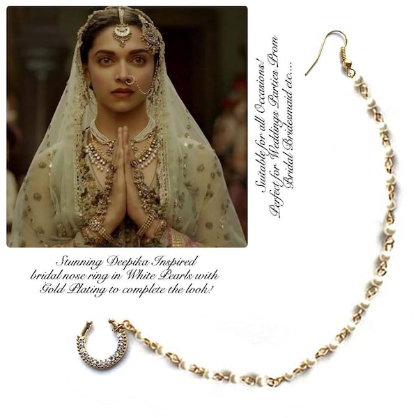 indian nose ring , wedding nose ring chain , nath , bridal nose ring , Inspired by Deepika Padukone nose jewelry , septum gold tone chain