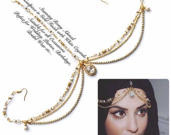 Gold headpiece , indian bridal Matha Patti , crystal forehead jewelry , hijab jewelry , head jewelry chain , prom head chain , mang tikka