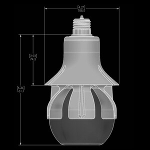 May include: A grey metal light bulb with a round base and four prongs extending from the base. The bulb is 16.1 cm in diameter and 10.9 cm tall.