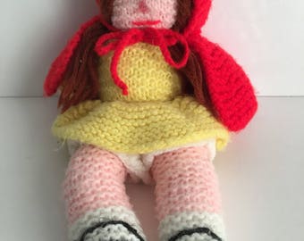 Vintage Hand Knit Crochet Little Red Riding Hood Doll 1980's Toy