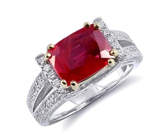 Ruby Ring, Real Ruby 3.10 carats, Ruby Anniversary Rings for Women, GIA Certified Ring, Gold Jewelry, Diamond and Ruby ring, Moms Ring