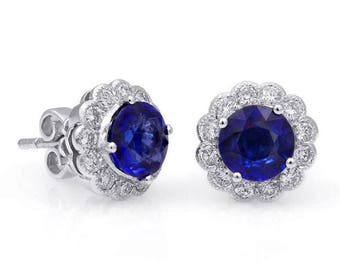 Blue Sapphire Earrings Studs 18K White Gold, Statement Earrings for Women, Blue Sapphire Earrings