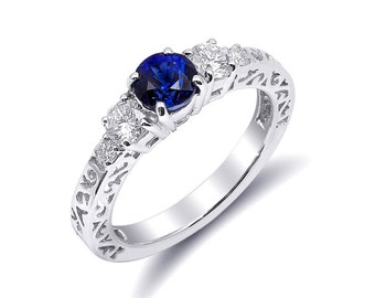 Natural Blue Sapphire 0.88 carats set in 14K White Gold Ring with 0.42 carats Diamonds