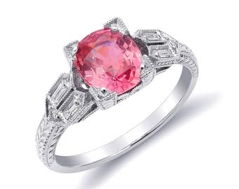 Padparadscha Sapphire Ring, Pink Sapphire Rings for Women, Sapphire Jewellery, Platinum ring, GRS Certified Gemstone, Sapphire Diamond Ring