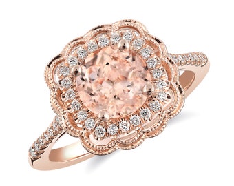 Morganite Ring, Morganite Engagement Ring, Rose Gold Peach Morganite Ring, Morganite Rings for Women, Diamonds, Natural Gemstone Ring