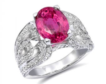 Unheated Pink Sapphire Ring, GIA Sapphire 4.05 carats Ring, Diamonds, Pink Sapphire Jewelry 14K White Gold, GIA Certified Engagement Ring