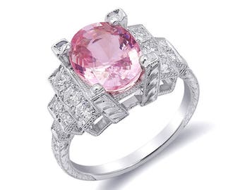 Sapphire Ring, Padparadscha Sapphire Ring, Natural Sapphire, Sapphire Ring Engagement, Platinum Ring, GRS Certified Gemstone, Diamonds