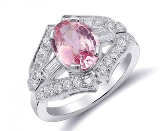 Padparadscha Sapphire Ring, GIA Sapphire Ring, Sapphire Rings for Women, Platinum Ring, Sapphire and 1.00 carats Diamonds, Gemstone Rings