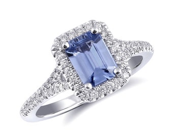 Natürlicher blauer Saphir 0.99 Karat Ring, Birthstone Ring für Frauen, Saphir Ring 14K Weißgold, Diamanten, Einzigartiger Ring für Frauen