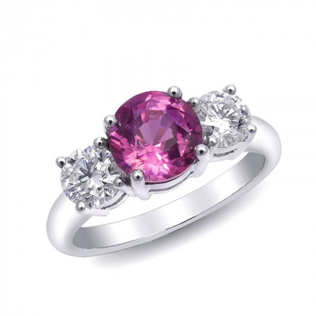 Natural Pink Sapphire 1.99 Carats Ring, Three Stone Engagement Ring ...