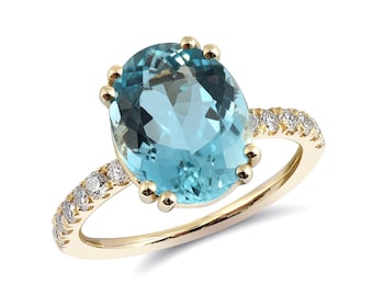 Aquamarine Ring, Genuine Aquamarine Ring, Aquamarine Anniversary Ring, Aquamarine Diamond Ring,  Aquamarine Ring 14K Yellow Gold