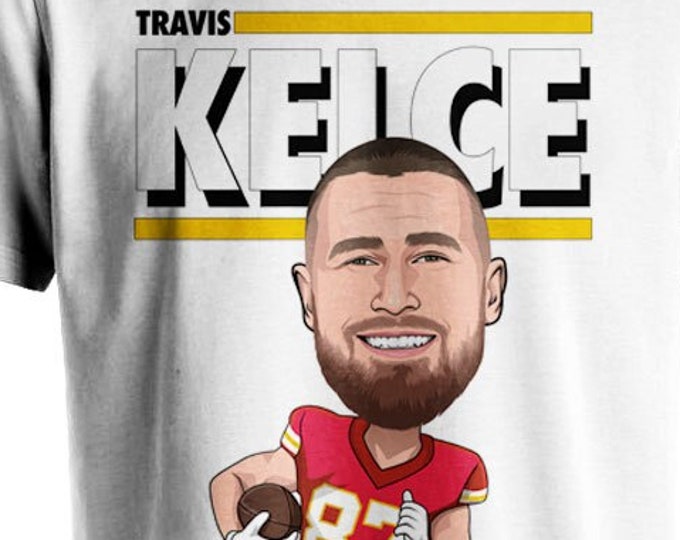 Travis Kelce Graphic Toon Kansas City Chiefs Football White Tee Shirt Cartoon