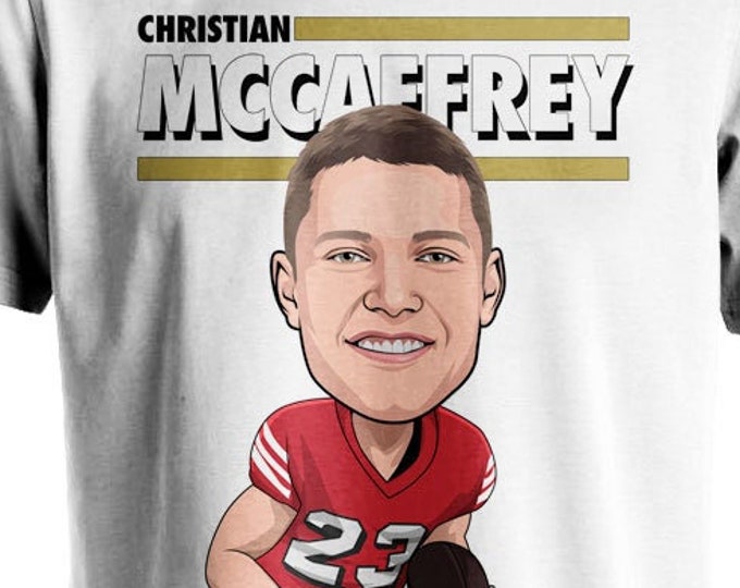 Christian McCaffrey Graphic Toon 49ers Football White Tee Shirt Cartoon San Francisco
