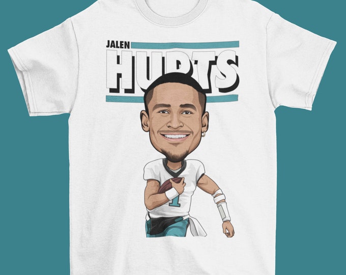 Jalen Hurts Graphic Toon Philadelphia Eagles Football White Tee Shirt Cartoon