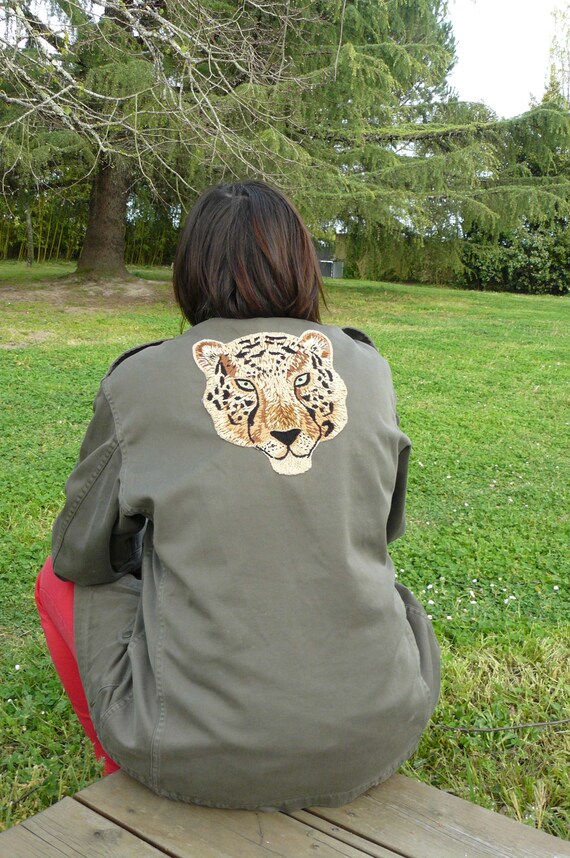 Upcycled Military Type Jacket Handmade Leopard Head Embroidery - Etsy
