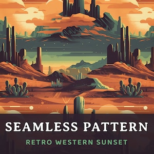 Retro Western Desert Sunset Seamless Digital Pattern, Premium Illustration, Digital Paper, Printable, Commercial Use
