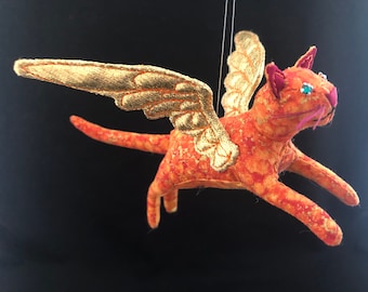 Flying Cat with Rhinestone Eyes and Quilted Wings