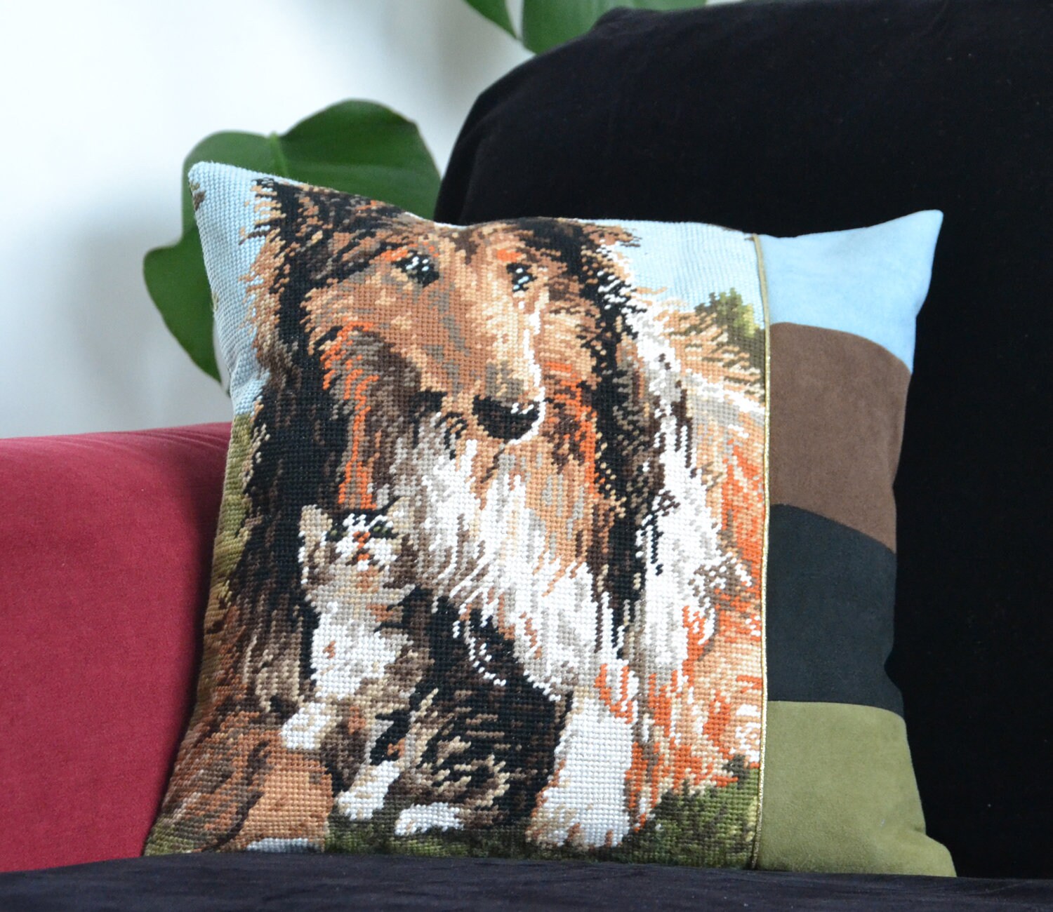 Housse de Coussin en Canevas Recyclé avec Dessin Chien et Chat Idéal Pour Décoration - Vintage