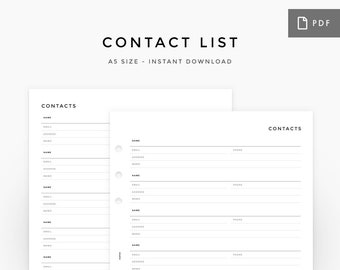 Contact List Planner Inserts - A5 Printable PDF