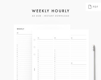 A5 - Minimal Weekly Hourly Planner - Printable Planner Inserts, A5 Agenda - PRINTABLE PDF, Instant Download