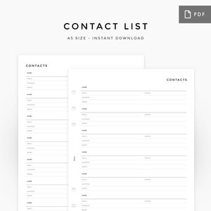 Kontaktliste Planer Einlagen - A5 Printable PDF