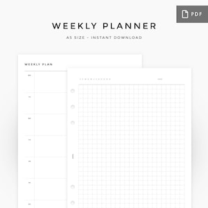 May include: An A5 weekly planner, featuring a blank weekly plan section and a gridded section for notes. The planner is designed for instant download and is available in PDF format.