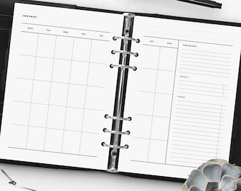 Minimalist Monthly Planner - A5, HALF Size l A5 Planner Pages, Filofax a5 Inserts, A5 Planner Binder, A5 Refill, 2018 Monthly Planner